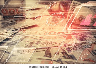 Double exposure of data theme drawing over us dollars bill background. Technology concept.