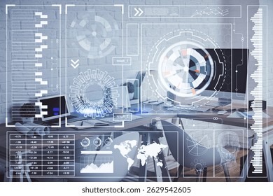 Double exposure of data theme drawing and office interior background. Concept of technology.