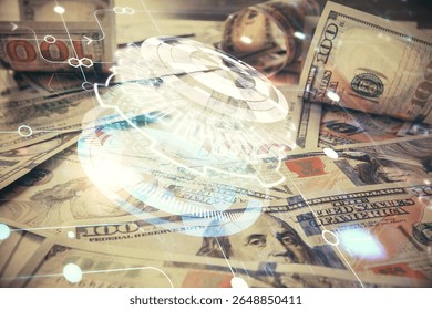 Double exposure of data theme drawing over us dollars bill background. Technology concept.