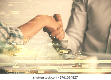 Double exposure of data theme hologram and handshake of two men. Partnership in IT industry concept.