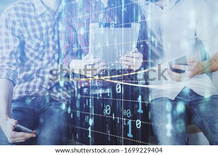 Double exposure of data theme hologram drawing and man and woman working together holding and using a mobile device.