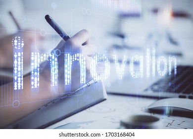 Double exposure of data theme sketch drawing over people writing background. Concept of technology