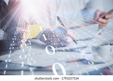 Double exposure of data theme sketch drawing over people writing background. Concept of technology