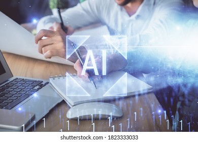 Double exposure of data theme sketch drawing over people writing background. Concept of technology