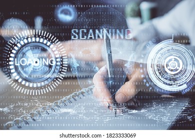 Double exposure of data theme sketch drawing over people writing background. Concept of technology