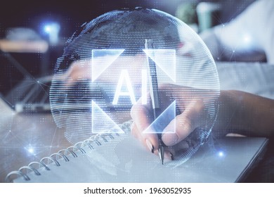 Double exposure of data theme sketch drawing over people writing background. Concept of technology