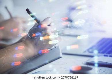 Double exposure of data theme sketch drawing over people writing background. Concept of technology