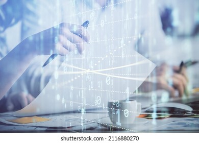 Double exposure of data theme sketch drawing over people writing background. Concept of technology