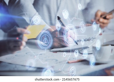 Double exposure of data theme sketch drawing over people writing background. Concept of technology