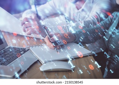 Double exposure of data theme sketch drawing over people writing background. Concept of technology