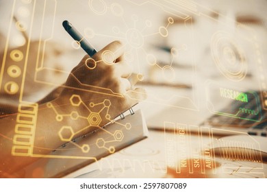 Double exposure of data theme sketch drawing over people writing background. Concept of technology