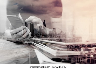 Double Exposure Of Designer Hand Using Mobile Payments Online Shopping,omni Channel,in Modern Office Wooden Desk,London City Buildings,eyeglass