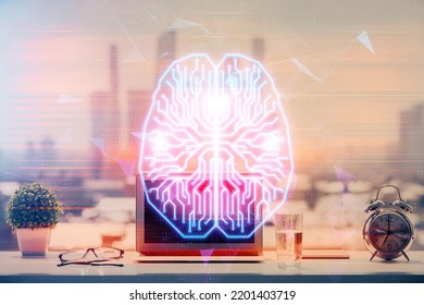 Double Exposure Of Desktop With Computer And Brain Drawing Hologram. Artificial Intelligence Concept.