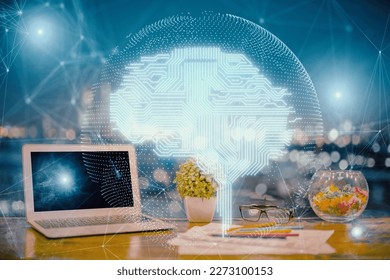 Double exposure of desktop with computer and brain drawing hologram. Artificial intelligence concept.