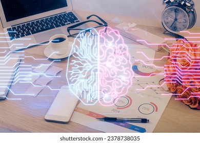 Double exposure of desktop with computer and brain drawing hologram. Artificial intelligence concept. - Powered by Shutterstock - Get 15% off with code: PIKWIZARD15