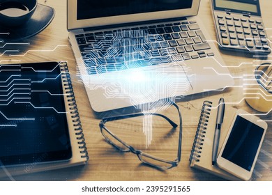 Double exposure of desktop with computer and brain drawing hologram. Artificial intelligence concept. - Shutterstock ID 2395291565