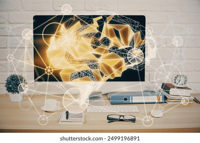 Double exposure of desktop with computer and brain drawing hologram. Artificial intelligence concept.