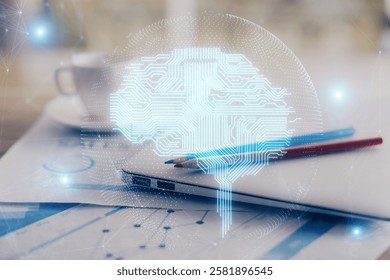 Double exposure of desktop with computer and brain drawing hologram. Artificial intelligence concept.