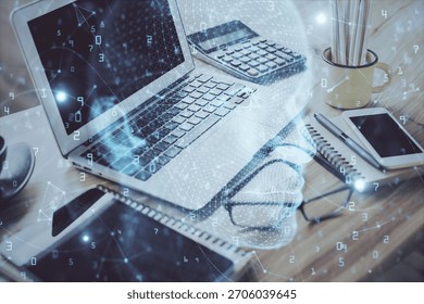 Double exposure of desktop with computer and brain drawing hologram. Artificial intelligence concept.