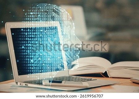 Double exposure of desktop with computer and brain drawing hologram. Artificial intelligence concept.