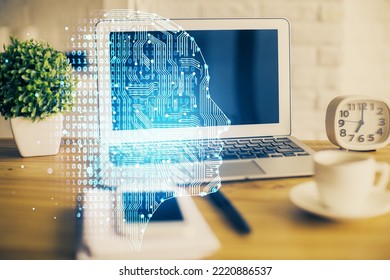 Double Exposure Of Desktop Computer And Human Brain Drawing Hologram. Ai Concept.