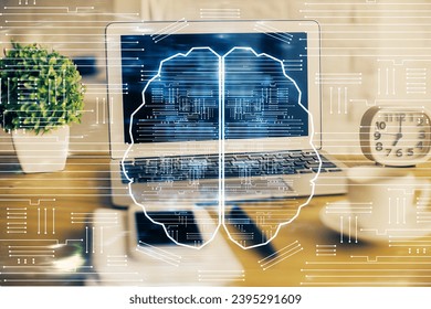 Double exposure of desktop computer and human brain drawing hologram. Ai concept. - Shutterstock ID 2395291609