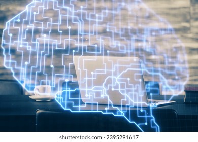 Double exposure of desktop computer and human brain drawing hologram. Ai concept. - Shutterstock ID 2395291617