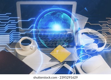 Double exposure of desktop computer and human brain drawing hologram. Ai concept. - Shutterstock ID 2395291629