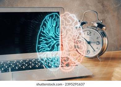 Double exposure of desktop computer and human brain drawing hologram. Ai concept. - Shutterstock ID 2395291637