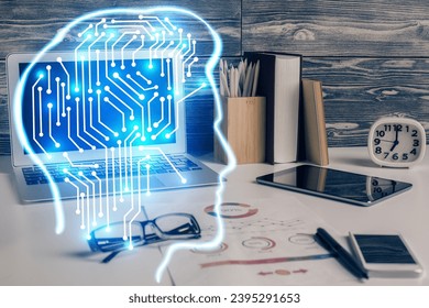 Double exposure of desktop computer and human brain drawing hologram. Ai concept. - Shutterstock ID 2395291653
