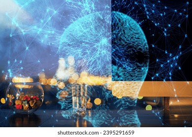 Double exposure of desktop computer and human brain drawing hologram. Ai concept. - Shutterstock ID 2395291659