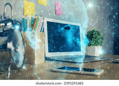 Double exposure of desktop computer and human brain drawing hologram. Ai concept. - Shutterstock ID 2395291683