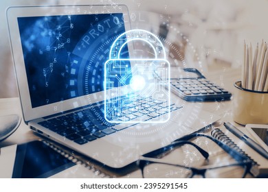 Double exposure of desktop with computer and lock icon hologram. Concept of data safety. - Shutterstock ID 2395291545