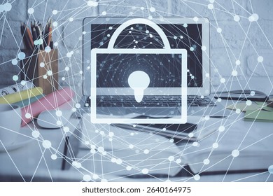 Double exposure of desktop with computer and lock icon hologram. Concept of data safety. - Powered by Shutterstock - Get 15% off with code: PIKWIZARD15