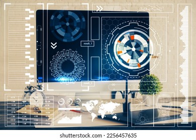 Double exposure of desktop with computer on background and tech theme drawing. Concept of big data.
