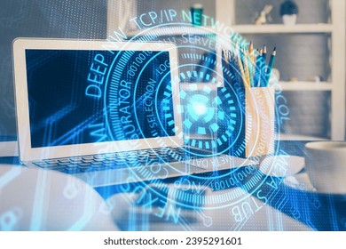 Double exposure of desktop with computer on background and tech theme drawing. Concept of big data. - Shutterstock ID 2395291601