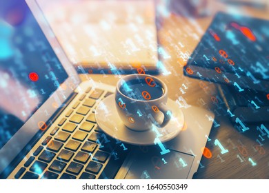 Double exposure of desktop computer and technology theme hologram. Concept of software development.