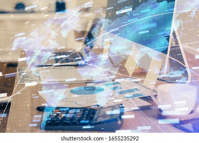 Double exposure of desktop computer and technology theme hologram. Concept of software development.