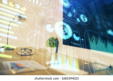 Double exposure of desktop computer and technology theme hologram. Concept of software development.