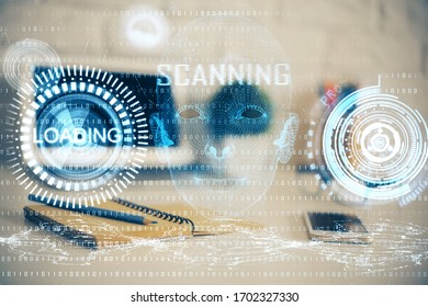 Double exposure of desktop computer and technology theme hologram. Concept of software development.