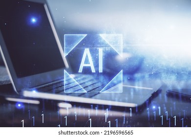 Double exposure of desktop computer and technology theme hologram. Concept of software development.