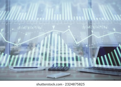 Double exposure of desktop computer and technology theme hologram. Concept of software development.