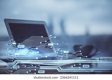 Double exposure of desktop computer and technology theme hologram. Concept of software development.