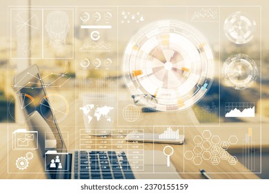 Double exposure of desktop computer and technology theme hologram. Concept of software development.