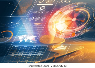 Double exposure of desktop computer and technology theme hologram. Concept of software development.