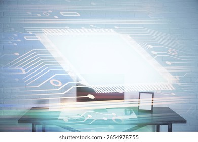 Double exposure of desktop computer and technology theme hologram. Concept of software development.