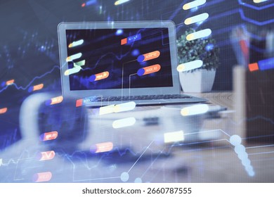 Double exposure of desktop computer and technology theme hologram. Concept of software development.