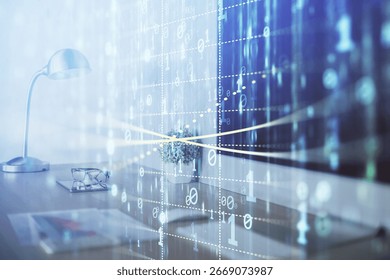 Double exposure of desktop computer and technology theme hologram. Concept of software development.