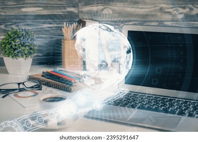 Double exposure of desktop with computer and world map hologram. International data network concept. - Shutterstock ID 2395291647