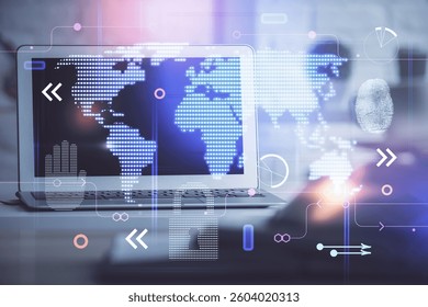 Double exposure of desktop with computer and world map hologram. International data network concept. - Powered by Shutterstock - Get 15% off with code: PIKWIZARD15